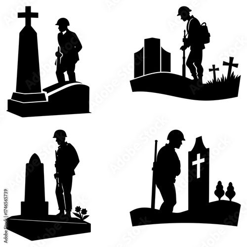 Four monochrome illustrations depicting soldiers paying respect at grave sites and war memorials shown in black