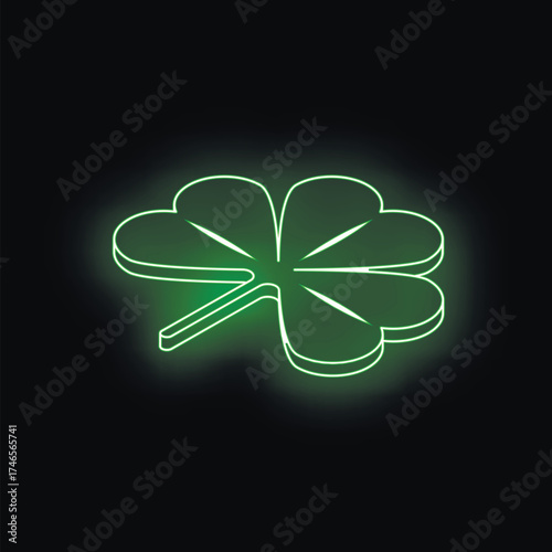 Neon four leaf clover glowing green on a black background, symbolizing luck and good fortune