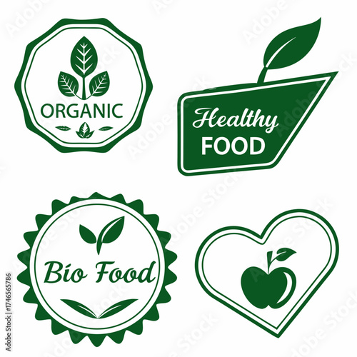 Collection of green organic food labels promoting healthy eating and natural products for branding and marketing campaigns with a clean and modern design