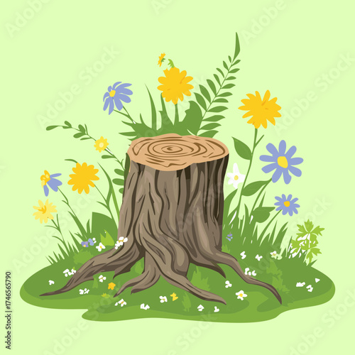 Meadow Plants Tree Stump with a Bouquet of Wild Flowers on a Light Green Ground