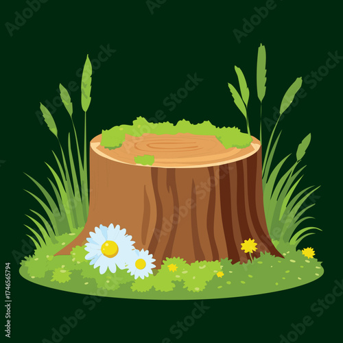 Forest Plants Brown Tree Stump Surrounded by White Daisies and Lush Green Grass