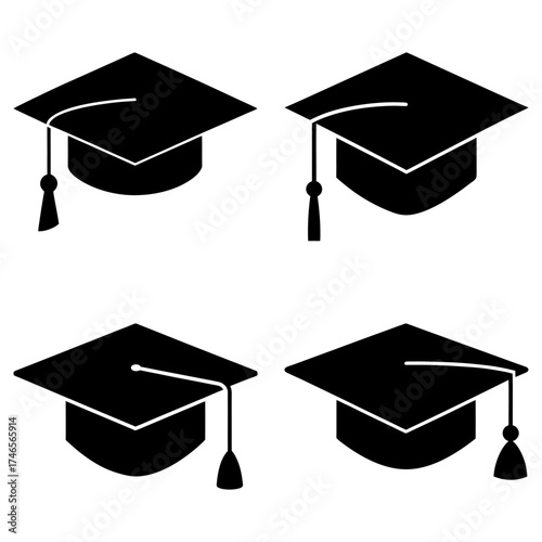 Four graduation caps arranged in a square pattern with tassels and a classic mortarboard design in black