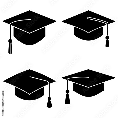 Four graduation caps in black silhouette with tassels and square tops displayed on a white background