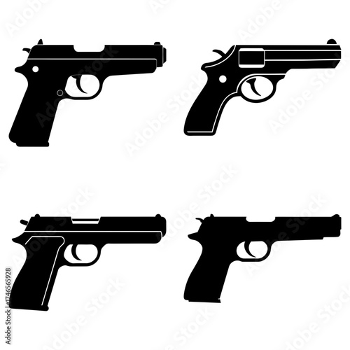 Collection of four black and white silhouette illustrations of various pistol handgun firearm designs shown