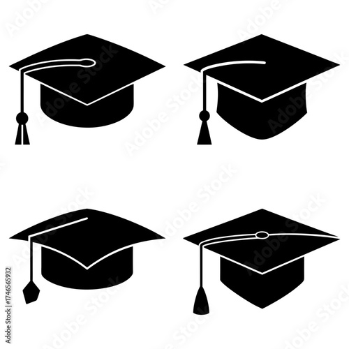 Four graduation caps with tassels in black silhouette on a white background for academic achievement