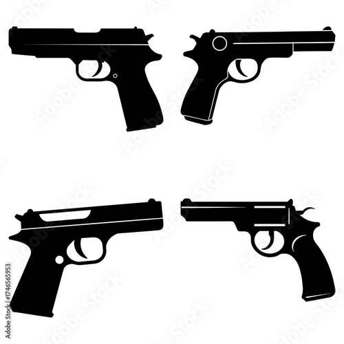 Four black silhouette pistols arranged in a square format against a white background showing details 100