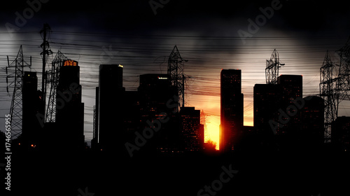 Nighttime Urban Skyline with Partial Blackout, Silent Buildings and Sparse Lit Windows, Sagging Power Lines, Emergency Lights Glow, Dramatic Dark-Light Contrast, Storytelling Visual for Power Outage E