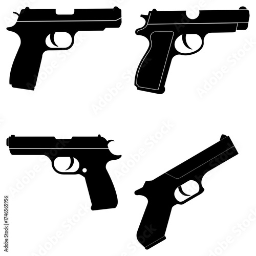 Four black handgun silhouettes arranged in a square pattern on a white background showing different styles