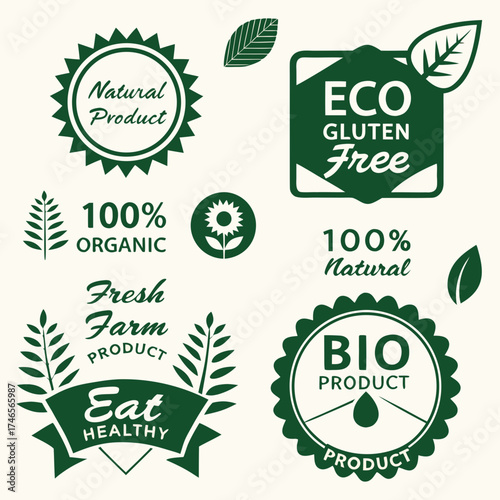 Assortment of green organic food labels and badges promoting natural ecofriendly and healthy farm products for healthconscious consumers