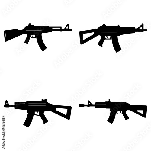Four silhouetted assault rifles arranged in a square formation on a white background showcasing weaponry