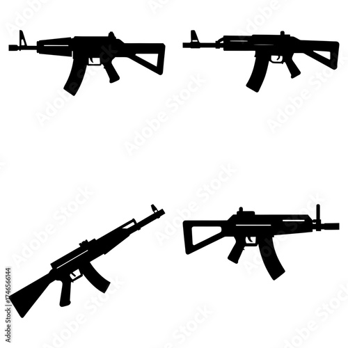 Silhouette illustration showing four assault rifles in various orientations on a white background