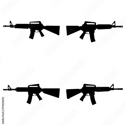 Four black rifle silhouettes arranged in a grid pattern against a white background showcasing weaponry