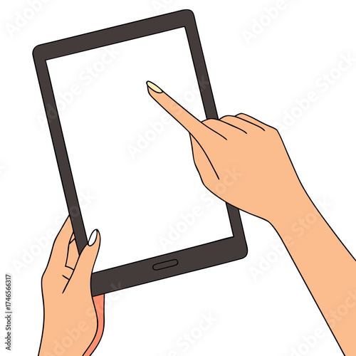 A tablet, centrally positioned, is held by two light-skinned hands. One hand grips the device, while the other's index finger touches the blank white screen. The tablet has a dark gray frame. Light is