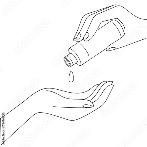 A minimalist line drawing depicts two hands; one tilted, dispensing a single drop from a cylindrical bottle into the upturned palm of the other hand below. The scene is rendered in stark black lines a