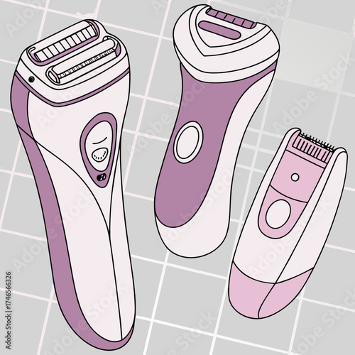 Three electric shavers in varying sizes and styles arranged on a tiled surface for personal grooming and hygiene product presentation