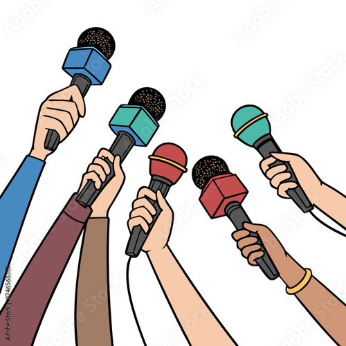 Several hands reach upwards, holding microphones with square, colored heads (blue, teal, red, and green). The arms, diverse in skin tone, are clad in various colored sleeves. The background is plain w