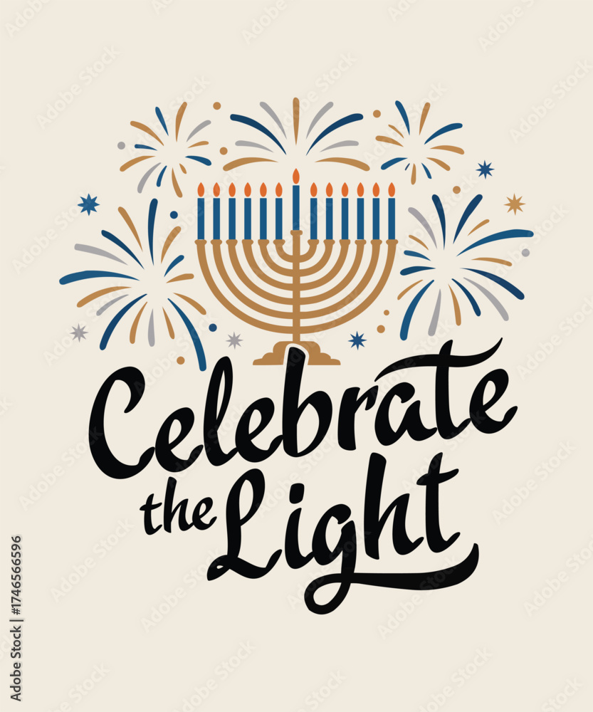 Naklejka premium Hanukkah celebration with a menorah fireworks and festive lettering design