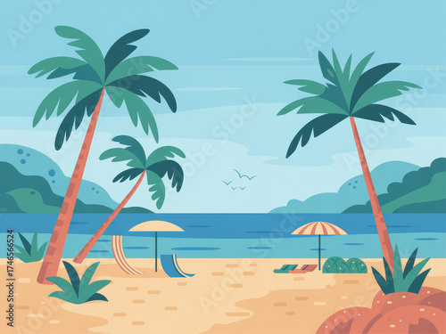 Tropical beach landscape with palm trees, blue ocean waves and golden sunset sky, relaxing summer vacation scenery, travel destination background, peaceful coastal nature view