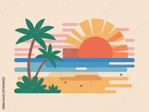 Tropical beach landscape with palm trees, blue ocean waves and golden sunset sky, relaxing summer vacation scenery, travel destination background, peaceful coastal nature view