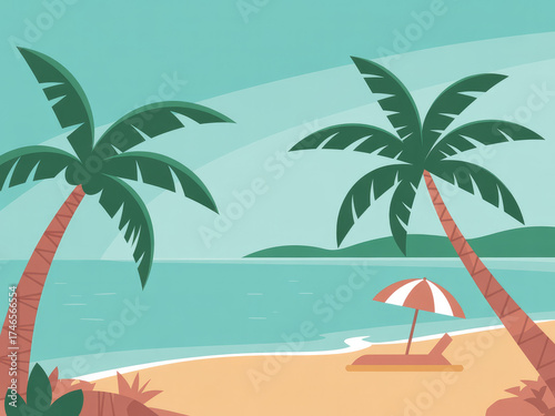 Tropical beach landscape with palm trees, blue ocean waves and golden sunset sky, relaxing summer vacation scenery, travel destination background, peaceful coastal nature view