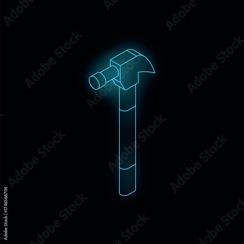 Neon blue hammer glowing on dark background, perfect for representing construction, repair, or diy projects