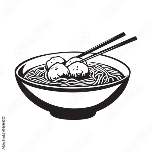 Vector illustration of a bowl of noodles and meatballs with a delicious and bright color appearance