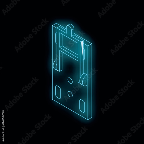 Isometric view of guillotine execution device glowing neon blue on black background