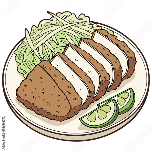Delicious tonkatsu meal served with fresh shredded cabbage and lime wedges on a plate perfect for showcasing japanese cuisine and culinary arts