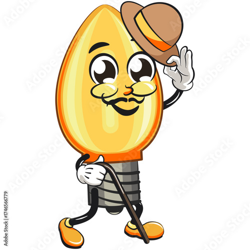 cute orange light bulb mascot cartoon character isolated vector illustration carrying a stick and saluting with raised hat, work of hand drawn