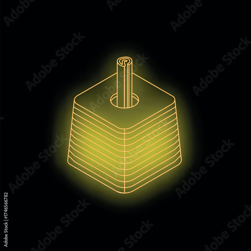 Glowing neon yellow fitness weight lifting plates and barbell isometric icon illustration on black background