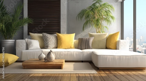 Modern outdoor seating area with white sectional, yellow pillows, and potted plants