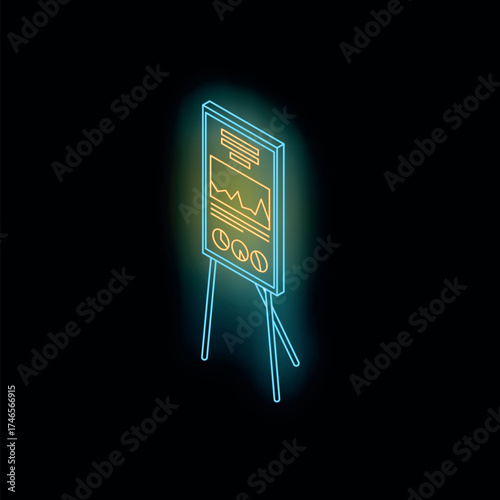 Glowing neon flipchart displaying graphs and data, ideal for presentations and business concepts