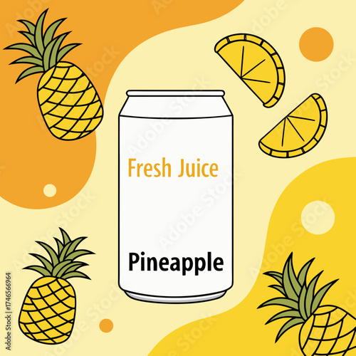 Fresh pineapple juice can surrounded by pineapple fruit slices on a yellow background for a refreshing tropical drink concept