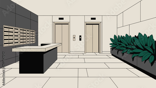 A modern building lobby featuring elevators, mailboxes, a counter, and indoor plants in planters