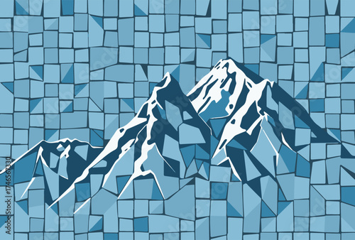 Mosaic mountain landscape, geometric nature background, abstract mountain peaks, polygonal mountain vector, blue mosaic hills, mountain art design, nature illustration