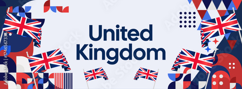United Kingdom National Day background with Union Jack flags. Creative abstract geometric design for poster, banner, and holiday celebration events.