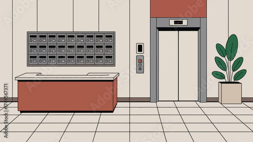 A cartoon illustration of an apartment lobby with mailboxes and an elevator and a potted plant nearby