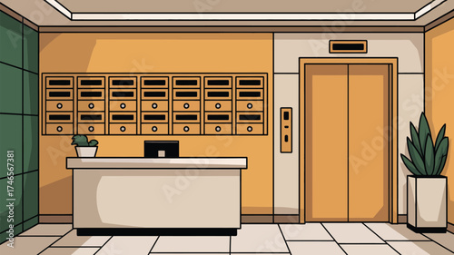 Cartoon illustration of an apartment lobby with mailboxes elevator and reception desk area space