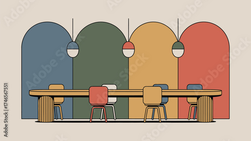 A minimalist illustration of a dining room with colorful arches and a long table with chairs