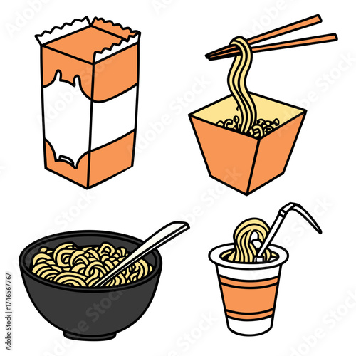 Delicious noodle dishes vector illustration featuring ramen, cup noodles, and takeout box with chopsticks