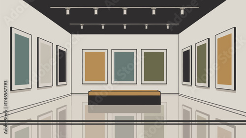 Illustration of an art gallery with colorful paintings and a bench in the center of the room space