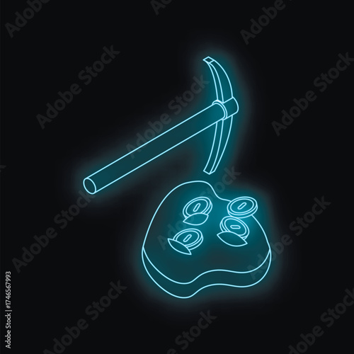 Neon blue glowing pickaxe mining ore and extracting digital coins on black background, cryptocurrency mining concept