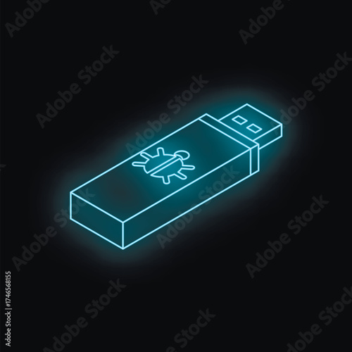 Neon blue isometric flash drive infected with virus bug malware, representing hardware vulnerability and cyber security threats