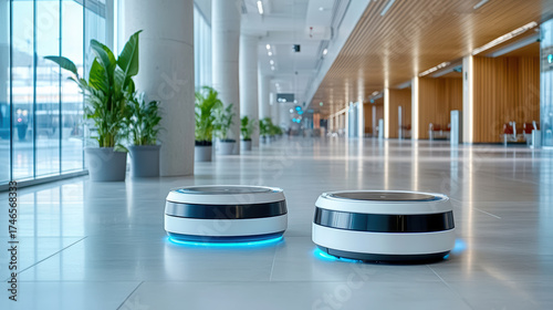 Autonomous cleaning robots modern airport terminal, showcasing advanced technology