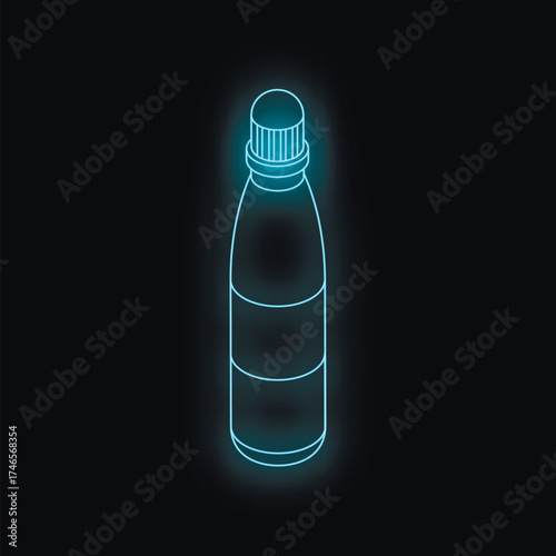Neon bottle glowing on black background representing futuristic drink or medicine product