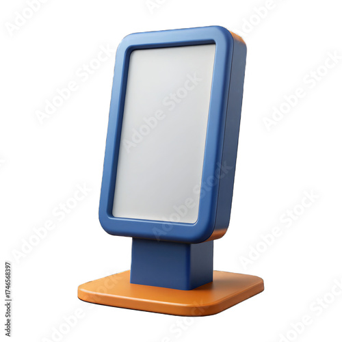 A blue and orange kiosk with a blank white screen display on a black background in a studio shot Isolated on transparent background, png