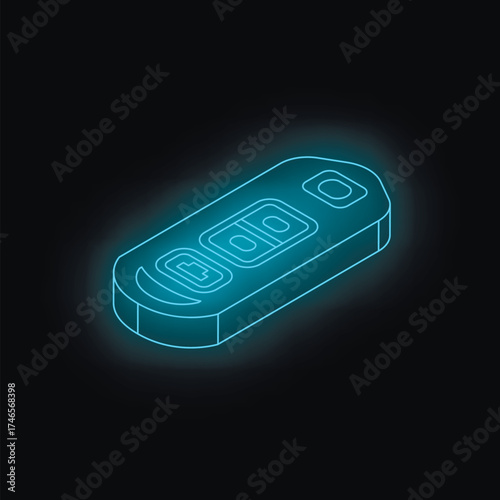 Neon blue remote control key isolated on black background, representing security, technology, and access