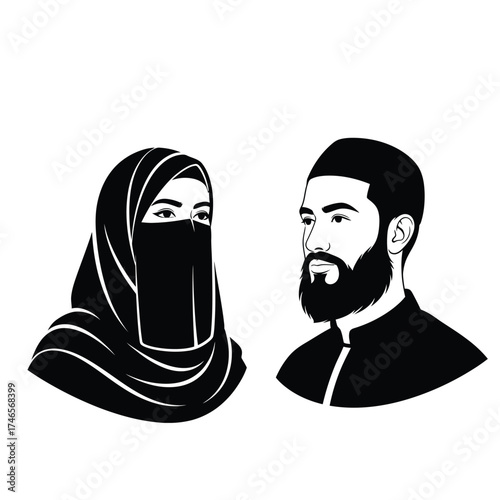 Muslim couple profile illustration woman niqab