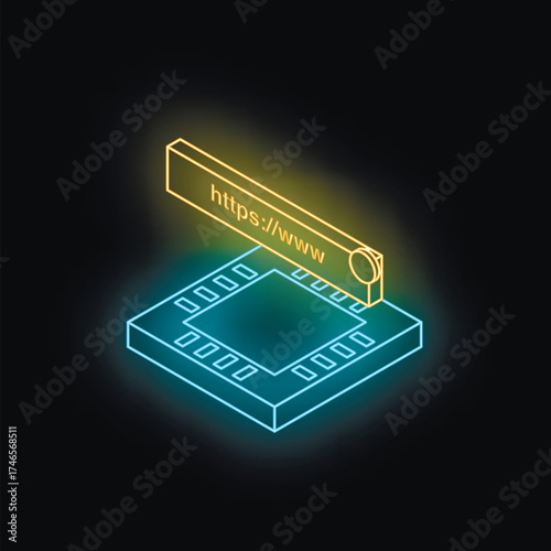 Neon https stamp pressing down on microchip, symbolizing secure web technology and data protection in digital age