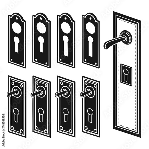 Door hardware set featuring vintage door plates escutcheons and handles for interior design style